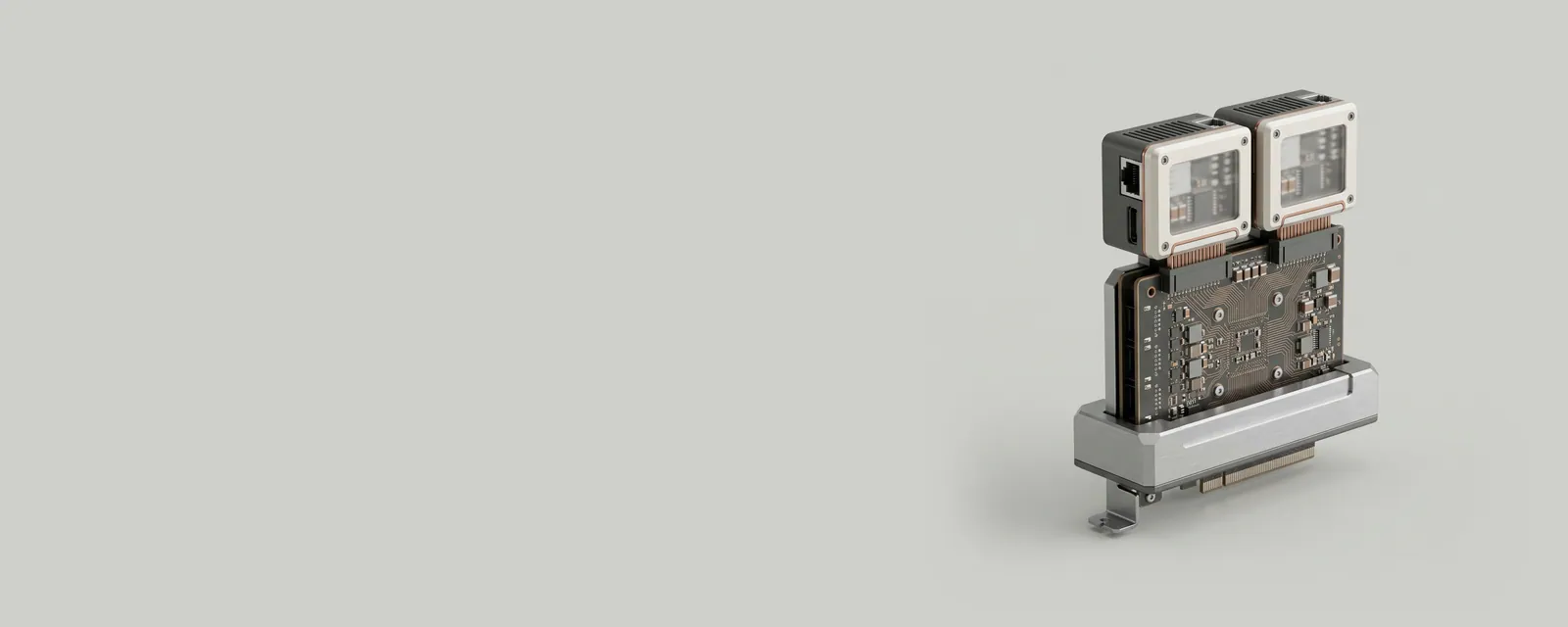 Studio render of a network card seated in a machined aluminium middle layer that connects upward to two small protocol blocks