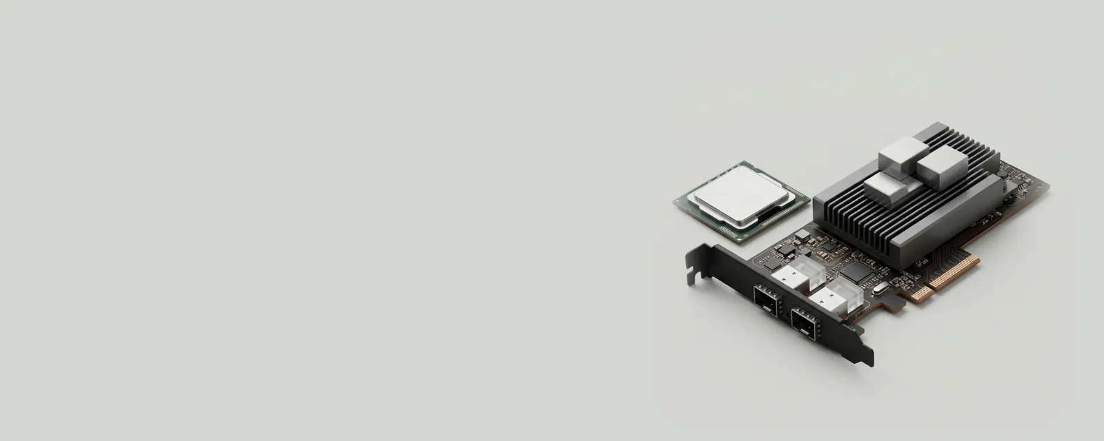 Studio render of a network card with small machined work blocks resting on its heatsink while the processor package beside it stays bare