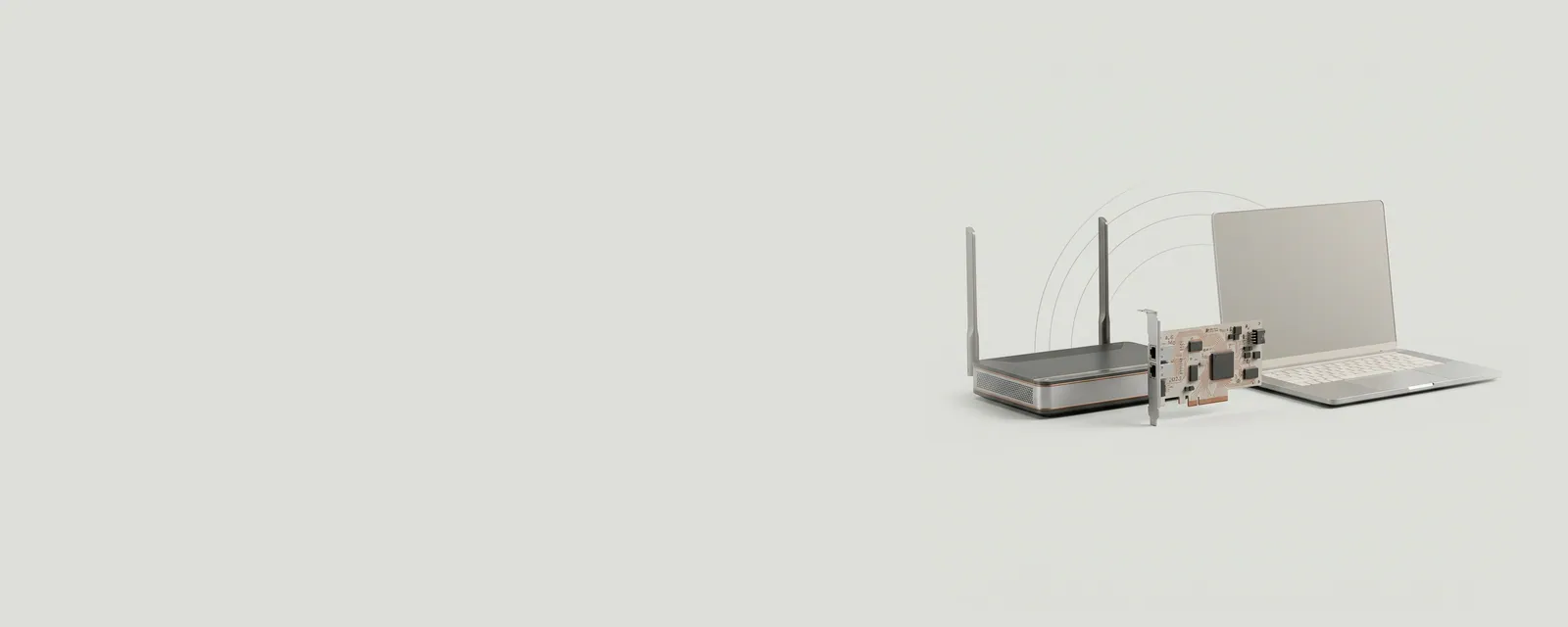 Studio render of a generic wireless router with slim antennas beside a PCIe network card, faint hairline arcs extending toward a laptop