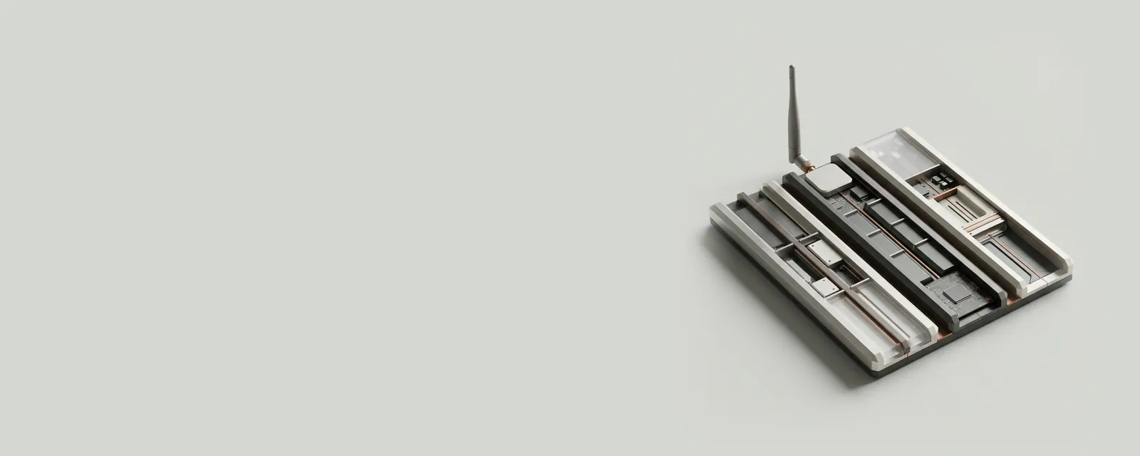 Studio render of three parallel machined lanes of different widths, each subdivided by thin steel markers, extending from a single antenna