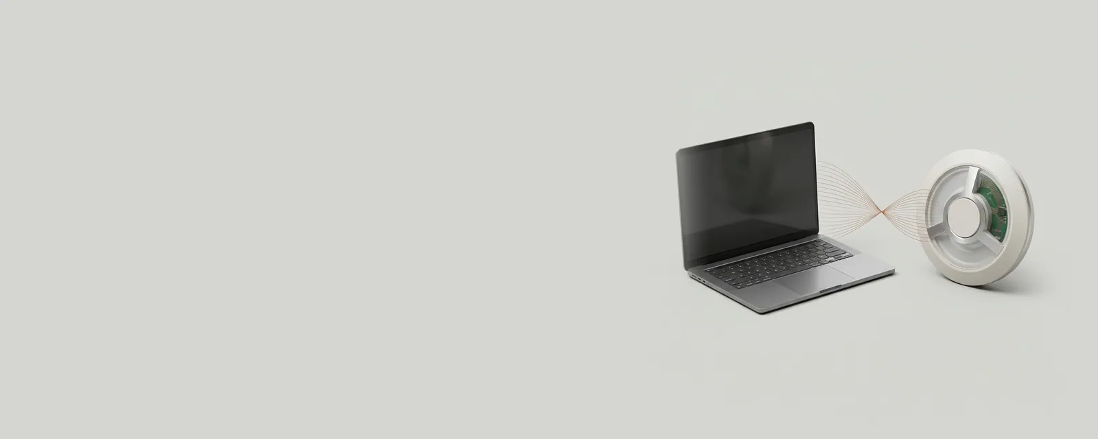 Studio render of a laptop and a ceiling-style access point facing each other, fine hairline wave arcs meeting midway