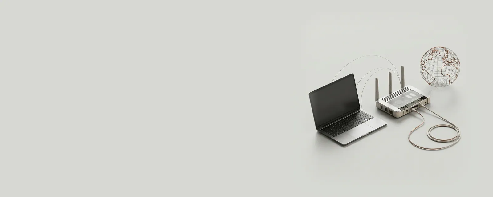 Studio render of a laptop linked to a router by hairline arcs, the router's onward cable ending in a loose coil before a distant wire-frame globe