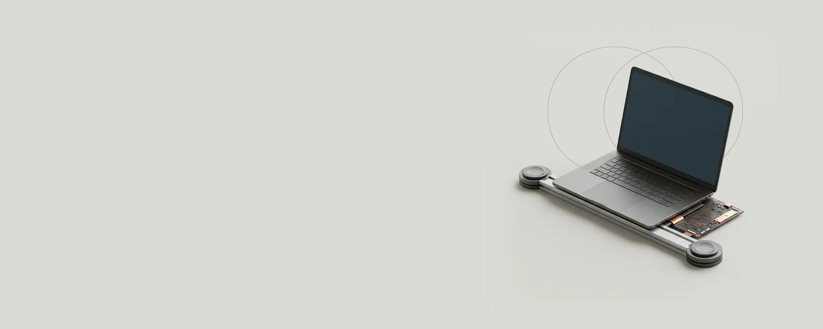 Studio render of a laptop on an aluminium rail between two access points, their hairline coverage circles overlapping above it