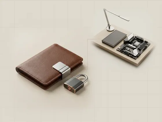 Thumbnail for Do Not Sell or Share My Personal Information: a closed leather wallet held shut by a steel, set beside a quiet reading desk in pale oak (About this independent reading library)