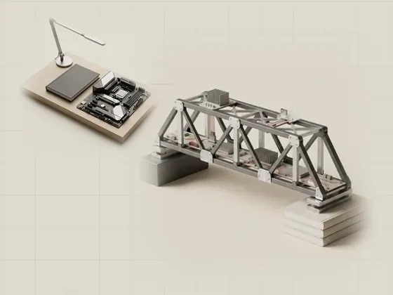 Thumbnail for External Links Policy: a precise steel truss bridge spanning from a small, set beside a quiet reading desk in pale oak (About this independent reading library)