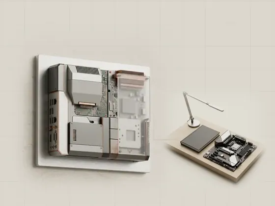 Thumbnail for Site Notice: a brushed aluminium wall plaque with no markings mounted, set beside a quiet reading desk in pale oak (About this independent reading library)