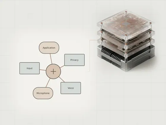Thumbnail for Checking microphone input settings: a neutral technical concept diagram illustrating checking microphone input, set beside a stack of three frosted acrylic plates (Longer reads about hardware and software)