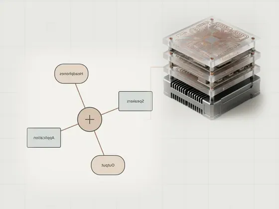 Thumbnail for Choosing an audio output device: a neutral technical concept diagram illustrating choosing an audio, set beside a stack of three frosted acrylic plates (Longer reads about hardware and software)