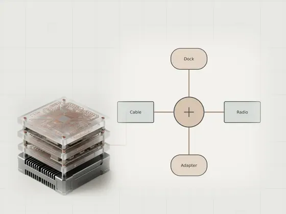 Thumbnail for Comparing wired and wireless hardware: a neutral technical concept diagram illustrating comparing wired and, set beside a stack of three frosted acrylic plates (Longer reads about hardware and software)