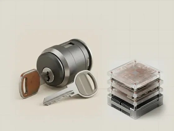 Thumbnail for Compatible does not mean identical: two similar steel keys in different finishes both inserted, set beside a stack of three frosted acrylic plates (Longer reads about hardware and software)