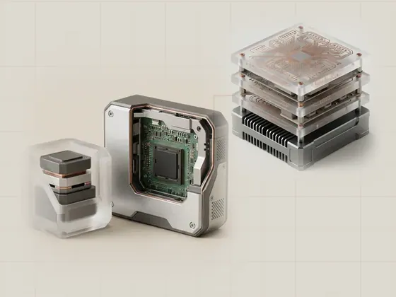Thumbnail for Firmware versus drivers: a cutaway device revealing a small chip inside its, set beside a stack of three frosted acrylic plates (Longer reads about hardware and software)
