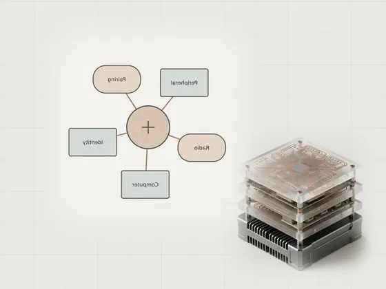 Thumbnail for Pairing a wireless peripheral: a neutral technical concept diagram illustrating pairing a wireless, set beside a stack of three frosted acrylic plates (Longer reads about hardware and software)