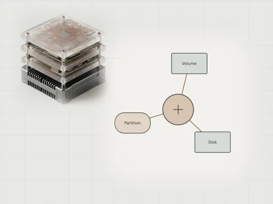 Thumbnail for Reading a disk layout without changes: a neutral technical concept diagram illustrating reading a disk, set beside a stack of three frosted acrylic plates (Longer reads about hardware and software)