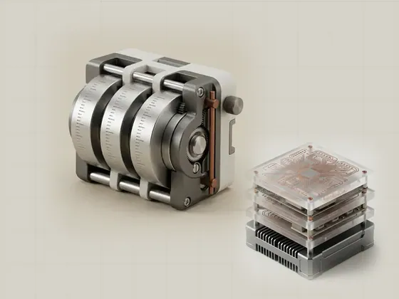 Thumbnail for Understanding version numbers: a precision rotary counter with three brushed metal wheels, set beside a stack of three frosted acrylic plates (Longer reads about hardware and software)