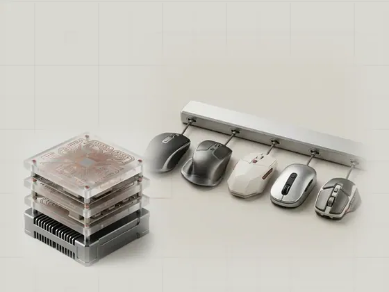 Thumbnail for Why standard interfaces exist: a row of mice of different shapes and finishes, set beside a stack of three frosted acrylic plates (Longer reads about hardware and software)