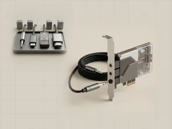 Thumbnail for Analog jacks and audio codecs: a macro view of a 3.5 mm headphone plug, set beside a 3.5 mm jack, a USB-C plug (Ways audio devices connect)