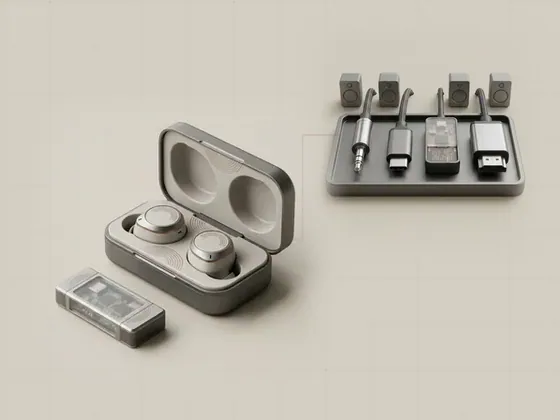 Thumbnail for Bluetooth audio profiles: two wireless earbuds in an open charging case, fine, set beside a 3.5 mm jack, a USB-C plug (Ways audio devices connect)