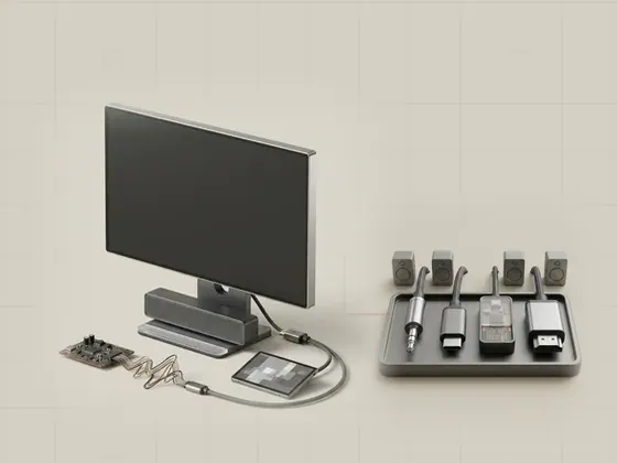 Thumbnail for Audio over display connections: a slim monitor with a compact soundbar beneath it, set beside a 3.5 mm jack, a USB-C plug (Ways audio devices connect)