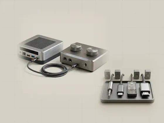 Thumbnail for USB audio class connections: a compact aluminium audio interface with two knurled knobs, set beside a 3.5 mm jack, a USB-C plug (Ways audio devices connect)