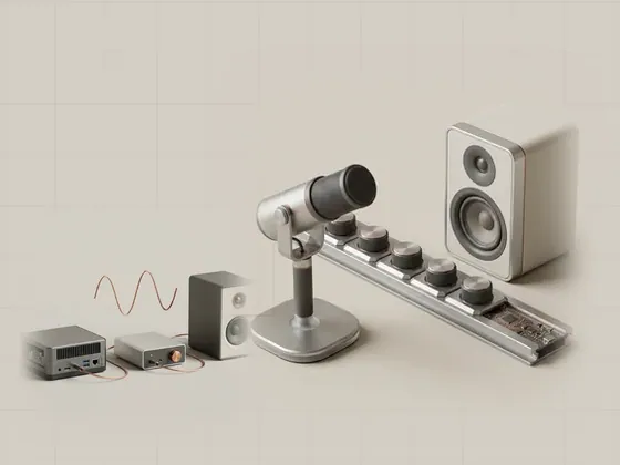 Thumbnail for Playback and recording endpoints: a desktop microphone on a weighted base and a, set beside a compact mini PC, a small DAC (The computer audio signal path)