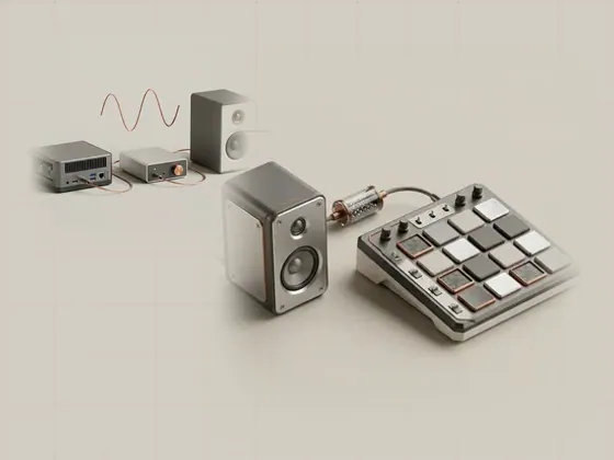 Thumbnail for Audio latency and buffering: a drum pad and a speaker joined by a, set beside a compact mini PC, a small DAC (The computer audio signal path)