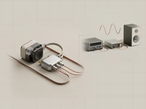 Thumbnail for Shared and exclusive audio paths: three thin copper wires converging into one machined aluminium, set beside a compact mini PC, a small DAC (The computer audio signal path)
