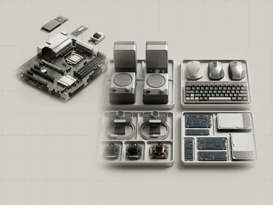 Thumbnail for Device classes and categories: generic peripherals sorted into four machined aluminium trays: mice, set beside a motherboard seen from a three-quarter angle (How a computer discovers devices)