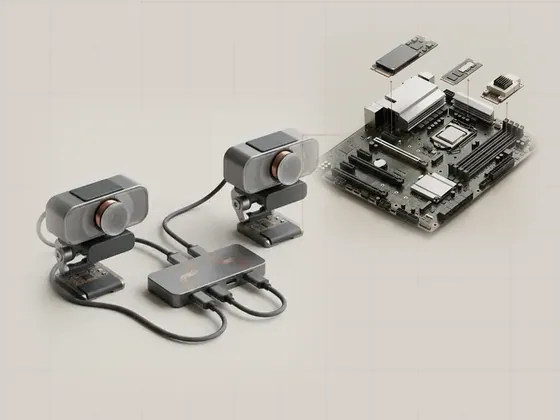 Thumbnail for Device instances and connection paths: two identical generic webcams connected to different ports of, set beside a motherboard seen from a three-quarter angle (How a computer discovers devices)