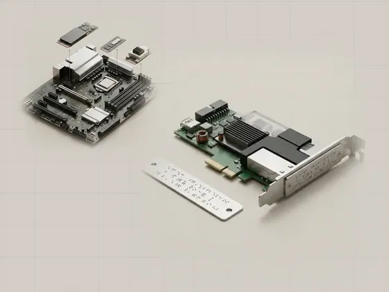 Thumbnail for Hardware identifiers and matching: a small expansion card with a laser-etched metal ID, set beside a motherboard seen from a three-quarter angle (How a computer discovers devices)