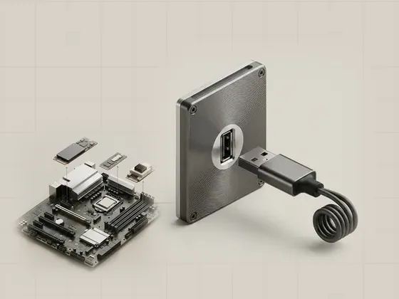 Thumbnail for Plug and Play discovery: a close render of a USB-A plug a few, set beside a motherboard seen from a three-quarter angle (How a computer discovers devices)