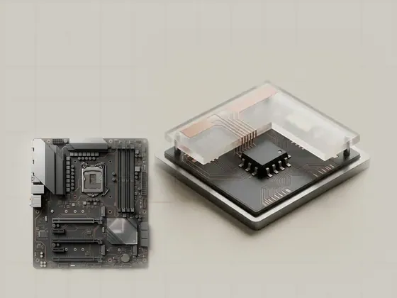 Thumbnail for Firmware tables and ACPI: a small firmware flash chip on a motherboard with, set beside a top-down orthographic render of a system (System buses and shared resources)