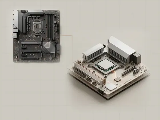 Thumbnail for Interrupts and completed work: a processor package on a board with a single, set beside a top-down orthographic render of a system (System buses and shared resources)
