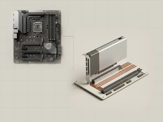 Thumbnail for PCI Express connections: a generic expansion card aligned above a long PCIe, set beside a top-down orthographic render of a system (System buses and shared resources)