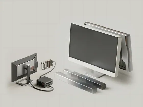 Thumbnail for Color depth and signal representation: two machined colour gradient bars in front of a, set beside a monitor and a small form factor (Display signals and monitor information)