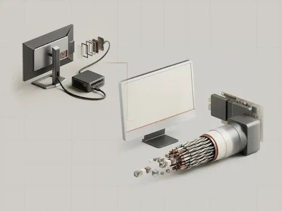 Thumbnail for Bandwidth across a display connection: a cutaway display cable showing densely packed conductor pairs, set beside a monitor and a small form factor (Display signals and monitor information)