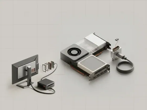 Thumbnail for EDID and reported display capabilities: a monitor connector with a tiny EEPROM chip lifted, set beside a monitor and a small form factor (Display signals and monitor information)