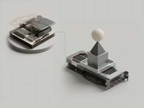 Thumbnail for Graphics APIs and device assistance: a graphics card receiving an ordered stack of machined, set beside a wireframe landscape of triangles in fine (Rendering and graphics software)