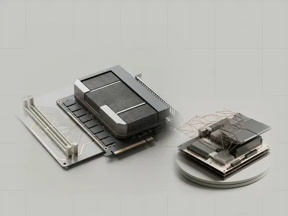 Thumbnail for Dedicated and shared graphics memory: a graphics card with its own memory chips beside, set beside a wireframe landscape of triangles in fine (Rendering and graphics software)