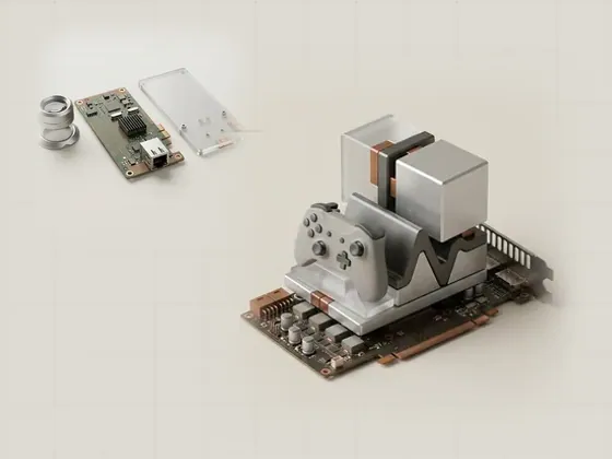 Thumbnail for Checking your DirectX version: a graphics card with machined multimedia blocks stacked on, set beside a precision inspection set on a matte (Guides to built-in Windows tools)