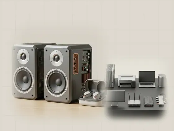Thumbnail for Audio & sound devices: a pair of generic bookshelf speakers in matte graphite, set beside eight generic hardware components arranged on an (Explore the hardware reference library)