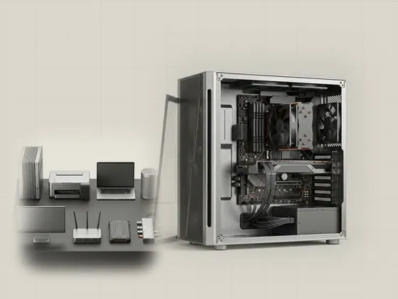 Thumbnail for Computer & system: a generic desktop tower with its side panel removed, set beside eight generic hardware components arranged on an (Explore the hardware reference library)