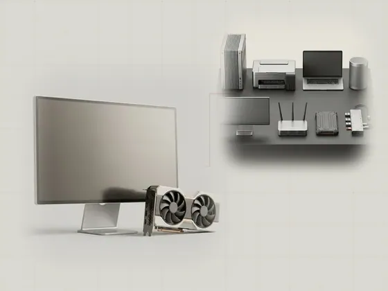 Thumbnail for Display & graphics: a slim generic monitor on an aluminium stand beside, set beside eight generic hardware components arranged on an (Explore the hardware reference library)