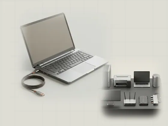 Thumbnail for Laptops & portable computers: an open generic aluminium laptop at a three-quarter angle, set beside eight generic hardware components arranged on an (Explore the hardware reference library)