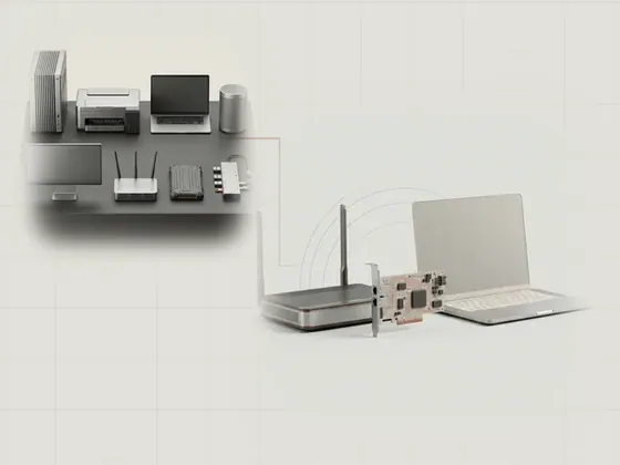 Thumbnail for Network & Wi-Fi connections: a generic wireless router with slim antennas beside a, set beside eight generic hardware components arranged on an (Explore the hardware reference library)