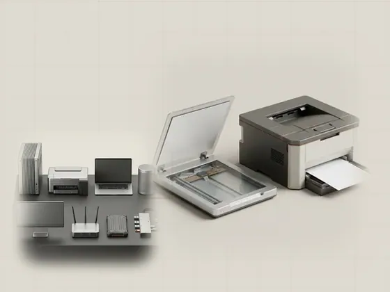 Thumbnail for Printers & scanners: a generic office laser printer and a slim flatbed, set beside eight generic hardware components arranged on an (Explore the hardware reference library)