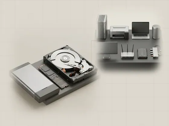 Thumbnail for Storage & data paths: an M.2 SSD, a 3.5-inch hard drive with its, set beside eight generic hardware components arranged on an (Explore the hardware reference library)