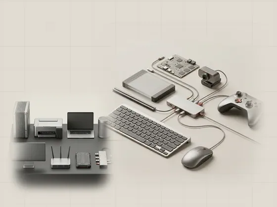 Thumbnail for USB & everyday peripherals: a generic mouse, a low-profile keyboard, a webcam and, set beside eight generic hardware components arranged on an (Explore the hardware reference library)