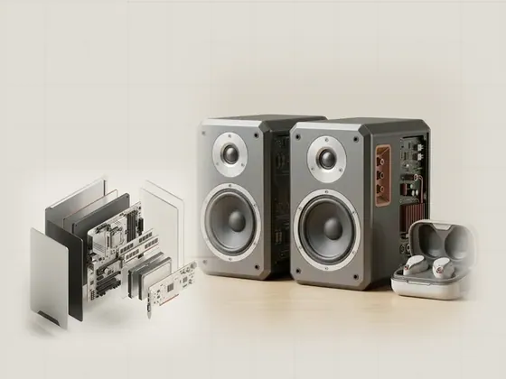 Thumbnail for Audio & sound devices: a pair of generic bookshelf speakers in matte graphite, set beside an exploded isometric view of a generic (A clearer view of your computer)