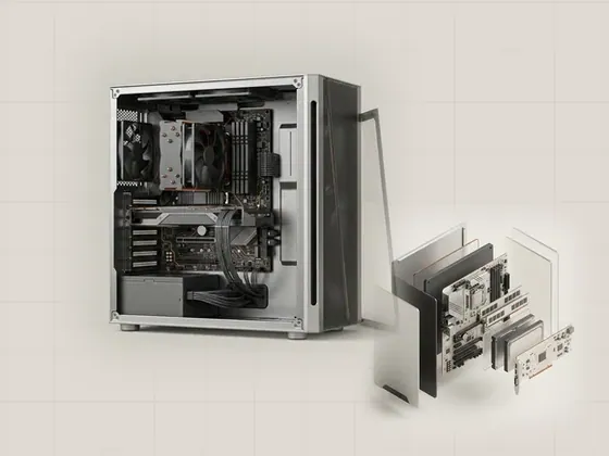 Thumbnail for Computer & system: a generic desktop tower with its side panel removed, set beside an exploded isometric view of a generic (A clearer view of your computer)