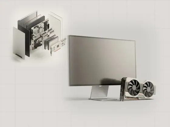 Thumbnail for Display & graphics: a slim generic monitor on an aluminium stand beside, set beside an exploded isometric view of a generic (A clearer view of your computer)